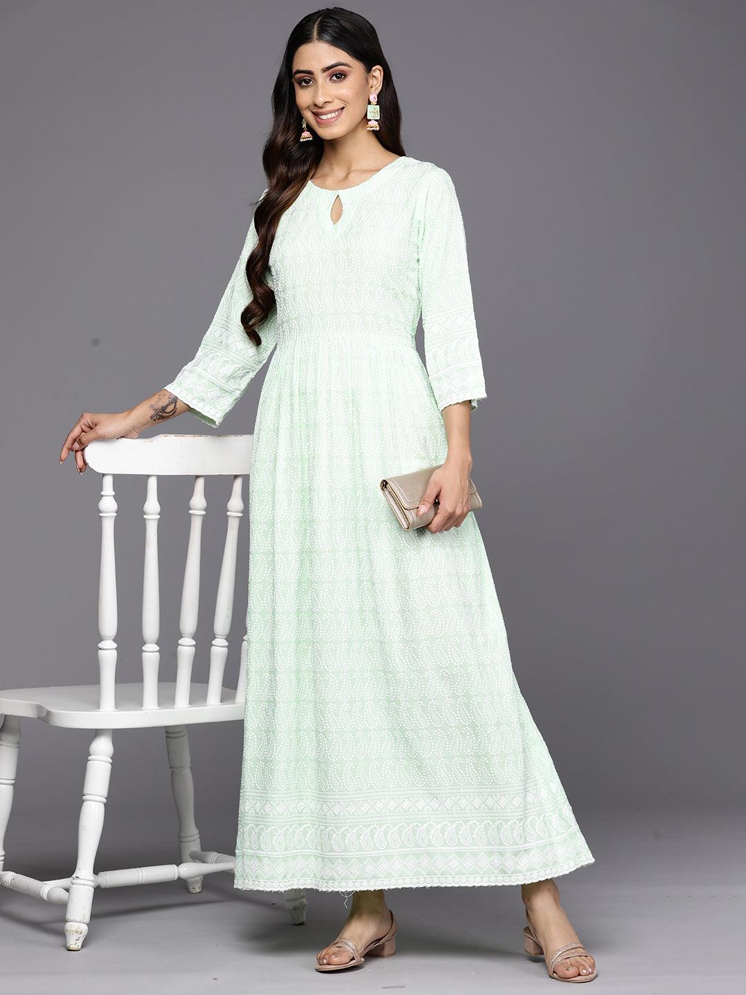 Green Embroidered Rayon Fit and Flare Dress - Jashvi