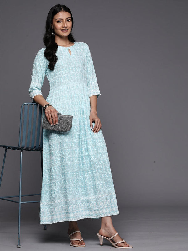 Blue Embroidered Rayon Fit and Flare Dress - Jashvi