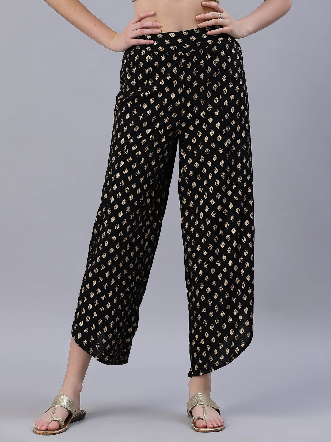 Women's Black Rayon Printed Tulip Dhoti Pant - Juniper