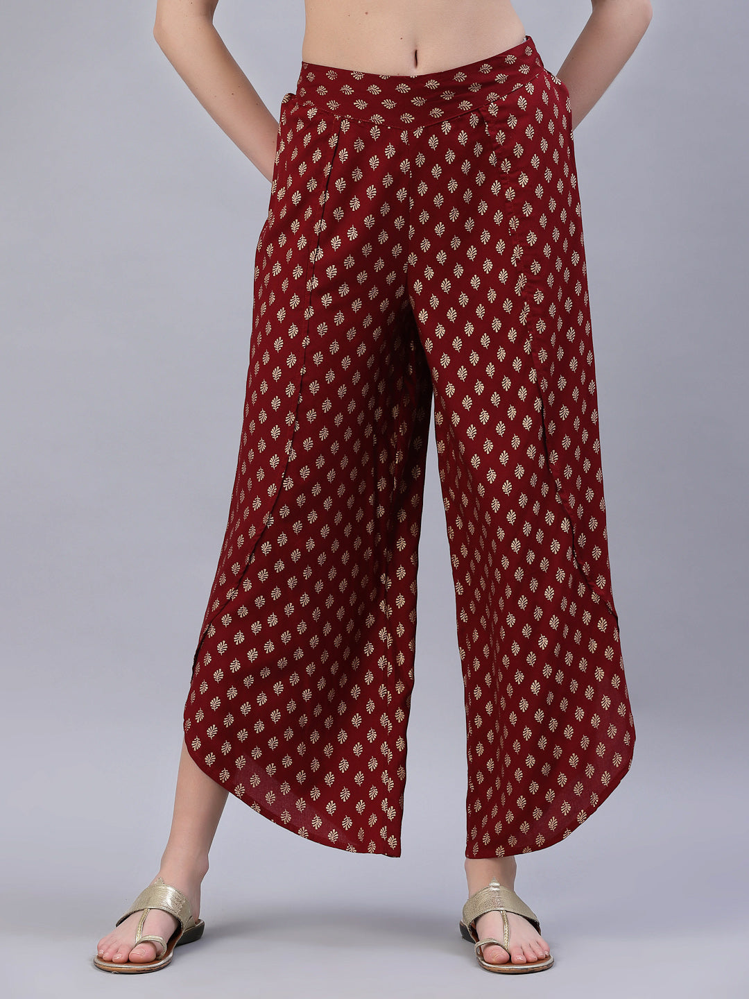 Women's Maroon Rayon Printed Tulip Dhoti Pant - Juniper