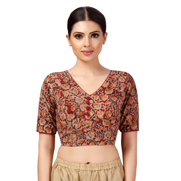 Women's Cotton Kalamkari Printed Readymade Saree Blouse With Elbow Length Sleeves - Shringaar