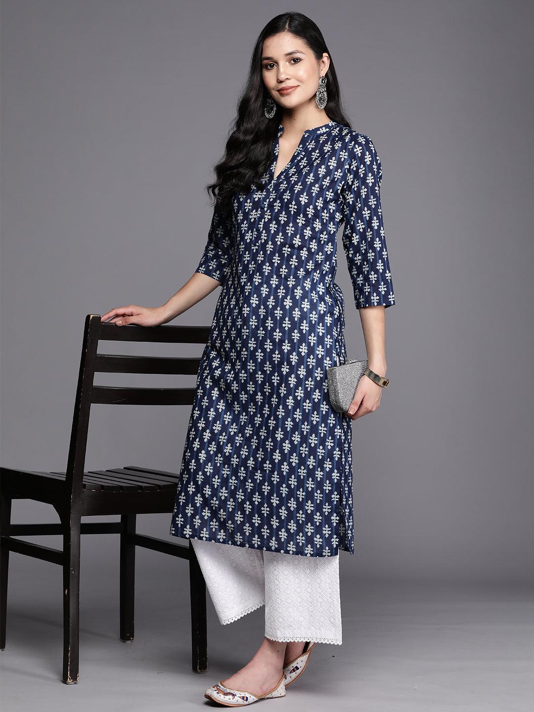 Blue Printed Cotton Straight Kurta - Jashvi