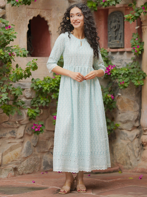 Blue Embroidered Cotton Fit and Flare Dress