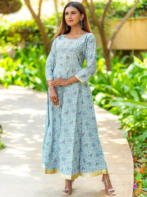 Grey Printed Silk Fit and Flare Dress - Jashvi