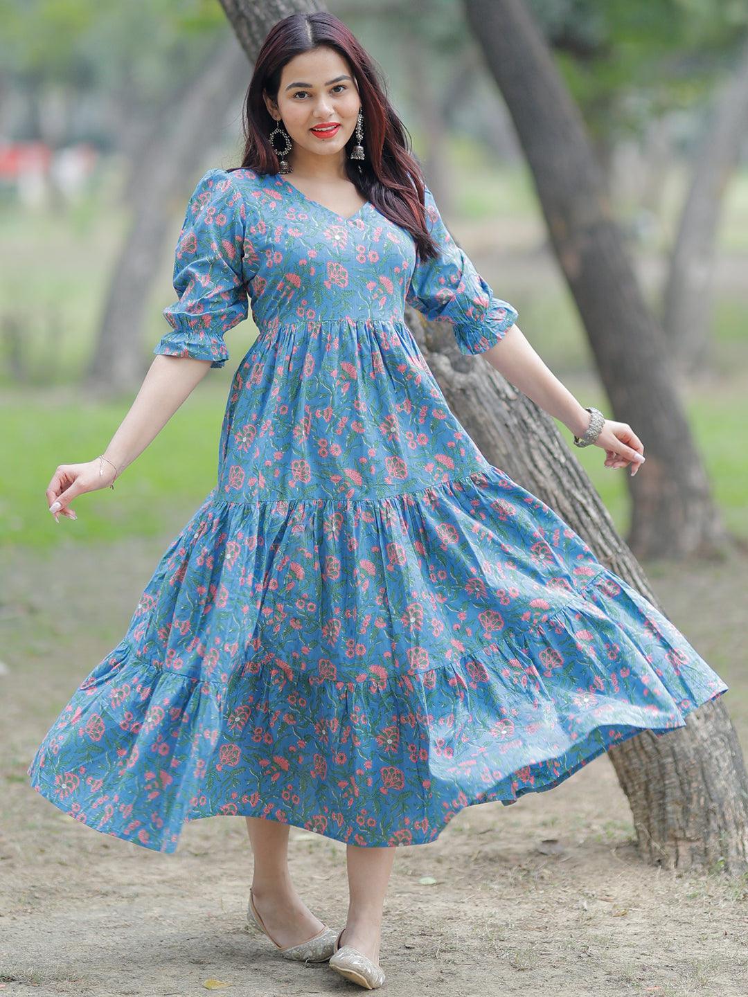 Blue Printed Cotton Fit and Flare Dress - Jashvi