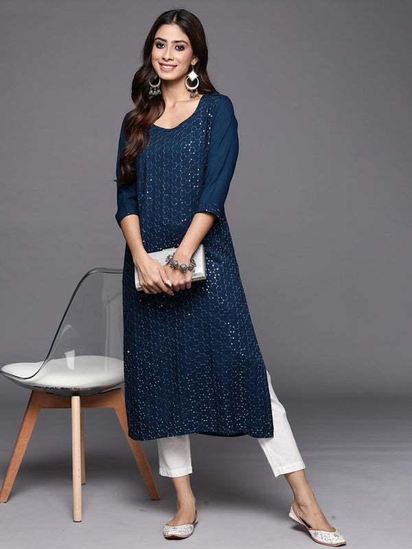 Blue Embellished Rayon Straight Kurta