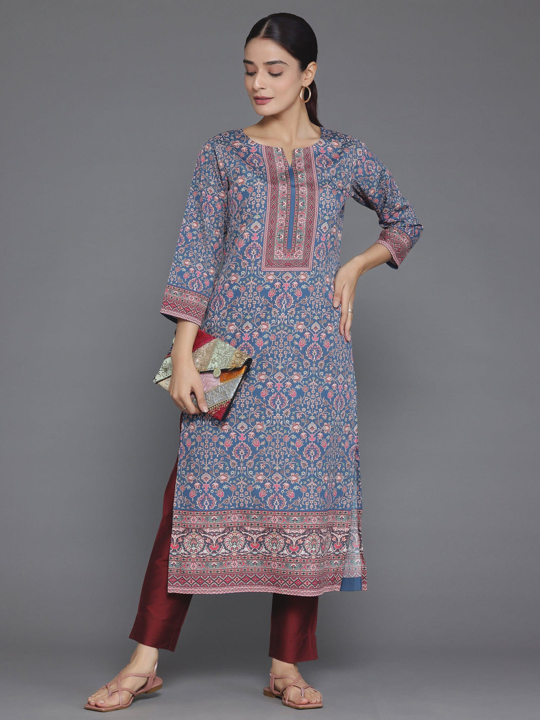 Blue Printed Crepe Straight Kurta - Jashvi