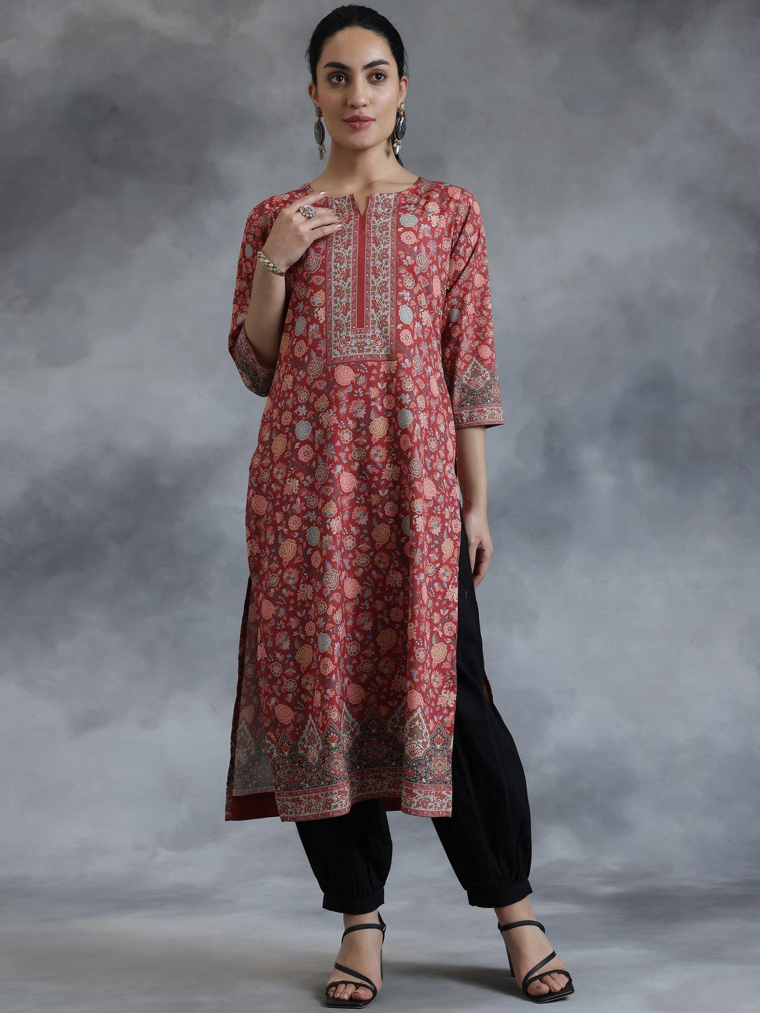 Rust Printed Crepe Straight Kurta - Jashvi