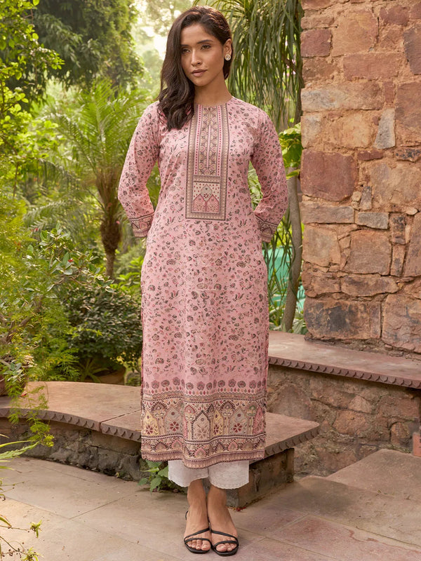 Peach Printed Crepe Straight Kurta