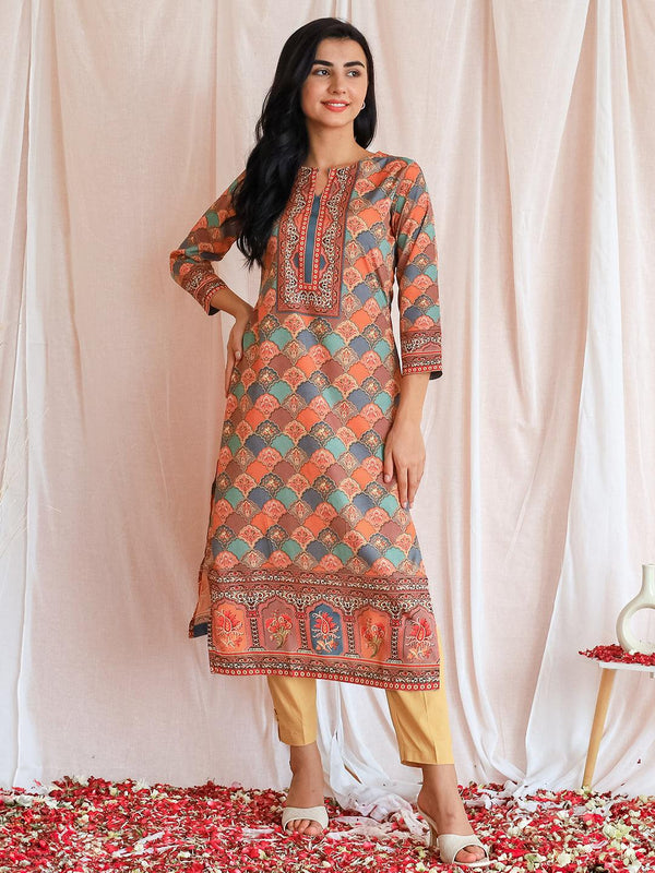 Multicoloured Printed Crepe Straight Kurta