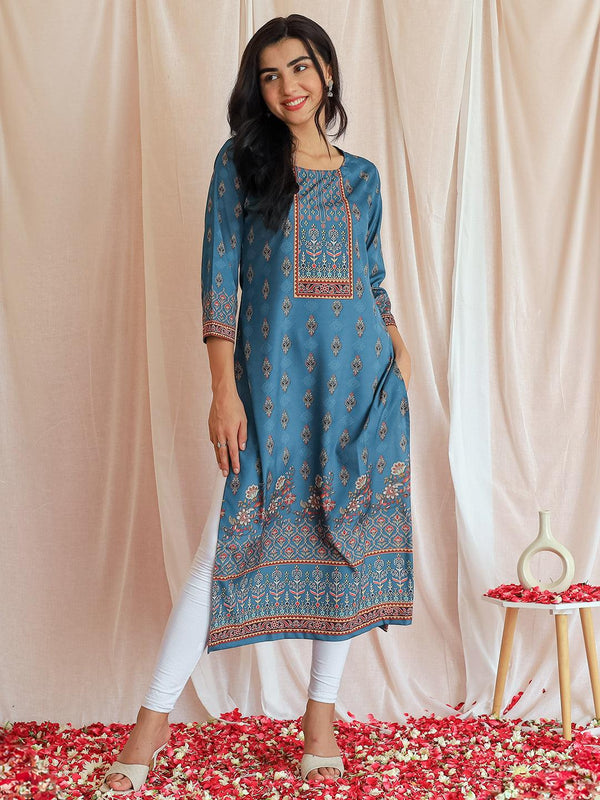 Teal Printed Crepe Straight Kurta