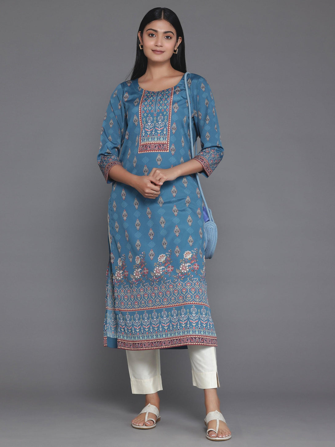 Teal Printed Crepe Straight Kurta - Jashvi