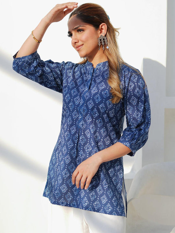 Blue Printed Cotton A-Line Kurti - Jashvi