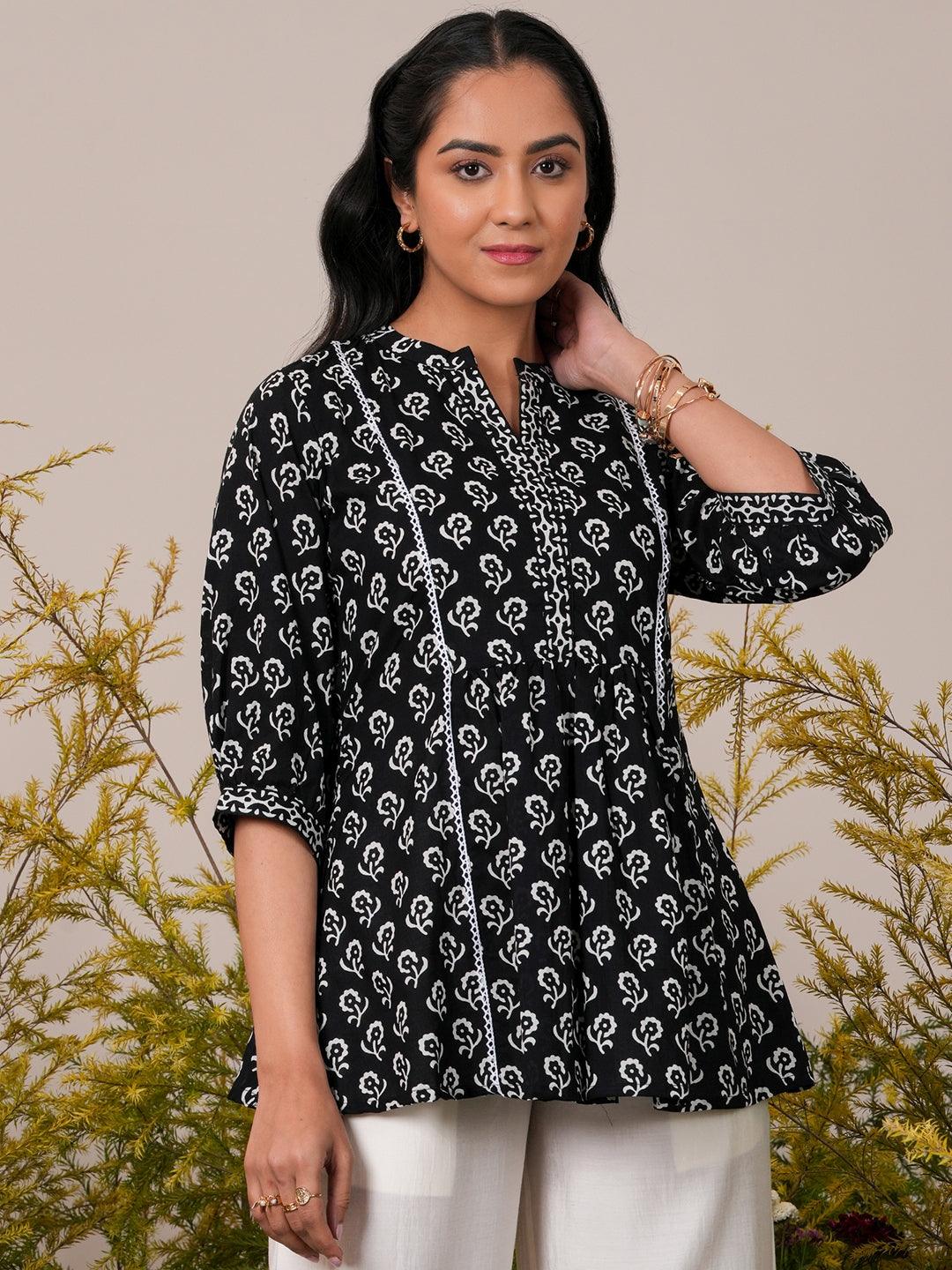 Black Printed Cotton A-Line Kurti - Jashvi