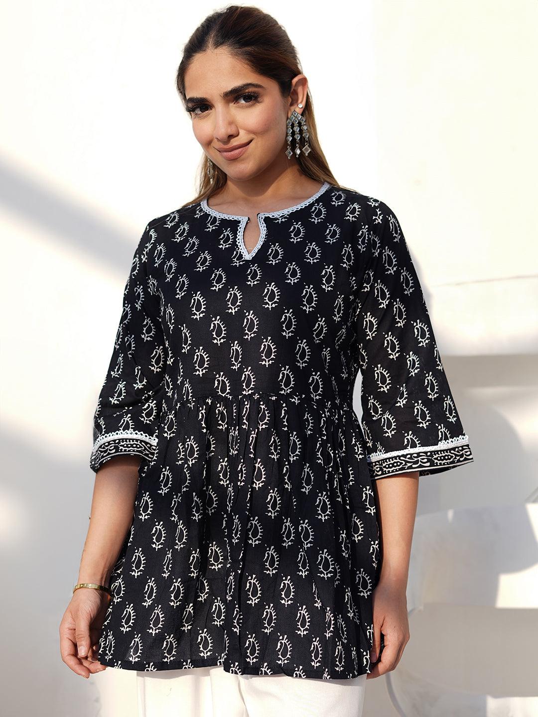 Black Printed Cotton A-Line Kurti - Jashvi