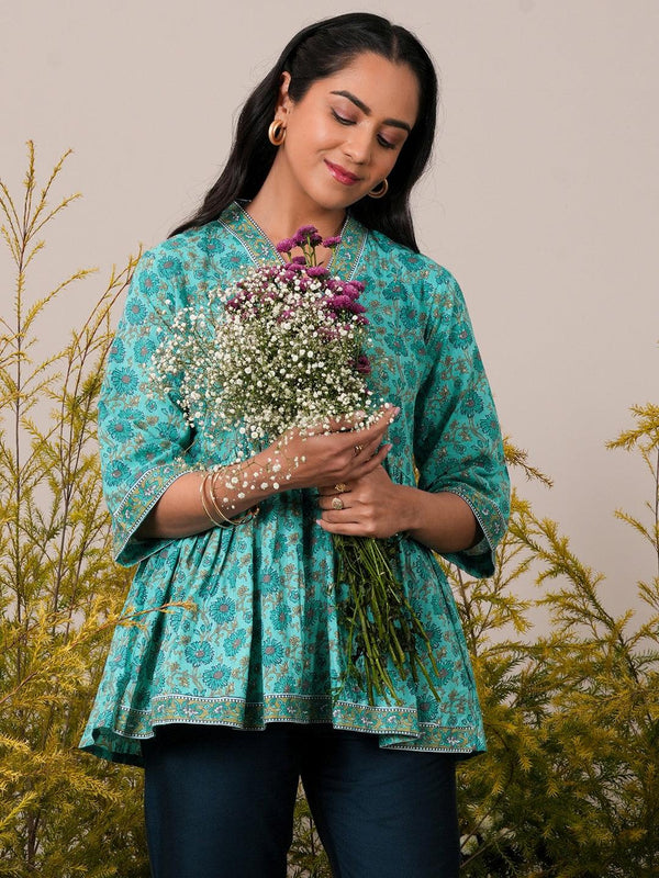 Turquoise Printed Cotton A-Line Kurti