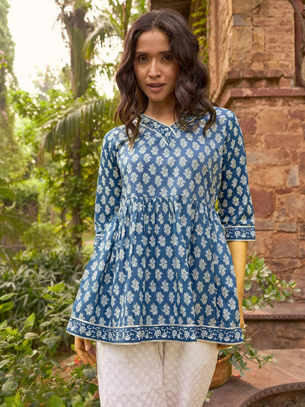 Blue Printed Cotton A-Line Kurti