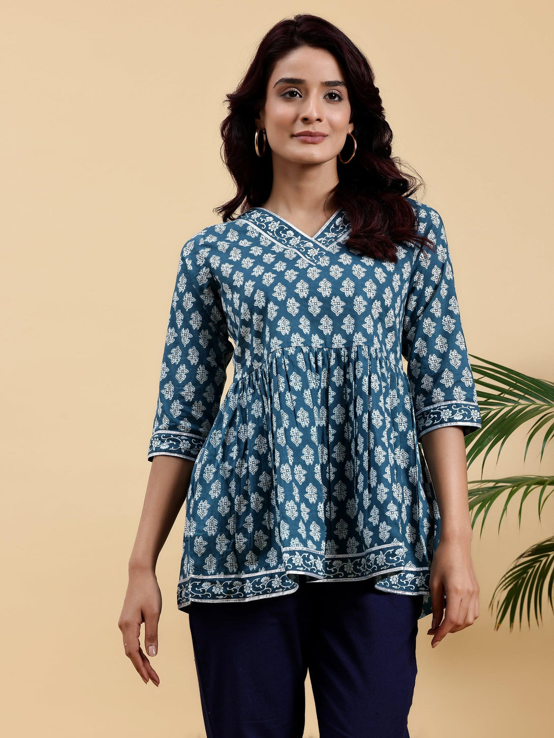 Blue Printed Cotton A-Line Kurti - Jashvi