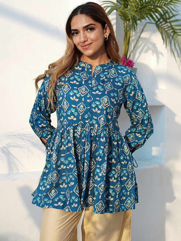 Blue Printed Rayon A-Line Kurti - Jashvi