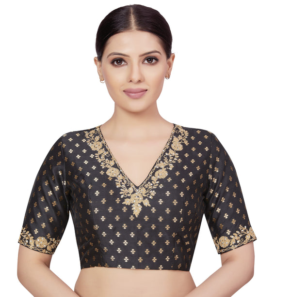 Women's Readymade Brocade Embroidered V-Neck  Saree Blouse - Shringaar