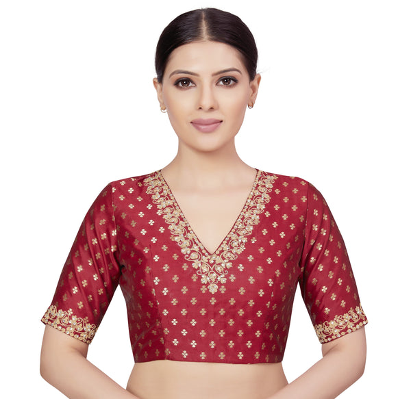 Women's Readymade Brocade Embroidered V-Neck  Saree Blouse - Shringaar