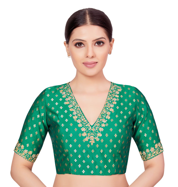 Women's Readymade Brocade Embroidered V-Neck  Saree Blouse - Shringaar