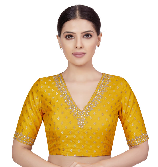 Women's Readymade Brocade Embroidered V-Neck  Saree Blouse - Shringaar