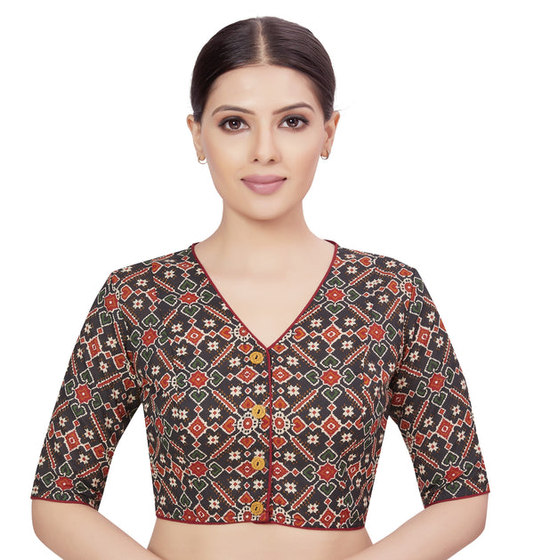 Women's Readymade Black Cotton Printed Saree Blouse - Shringaar