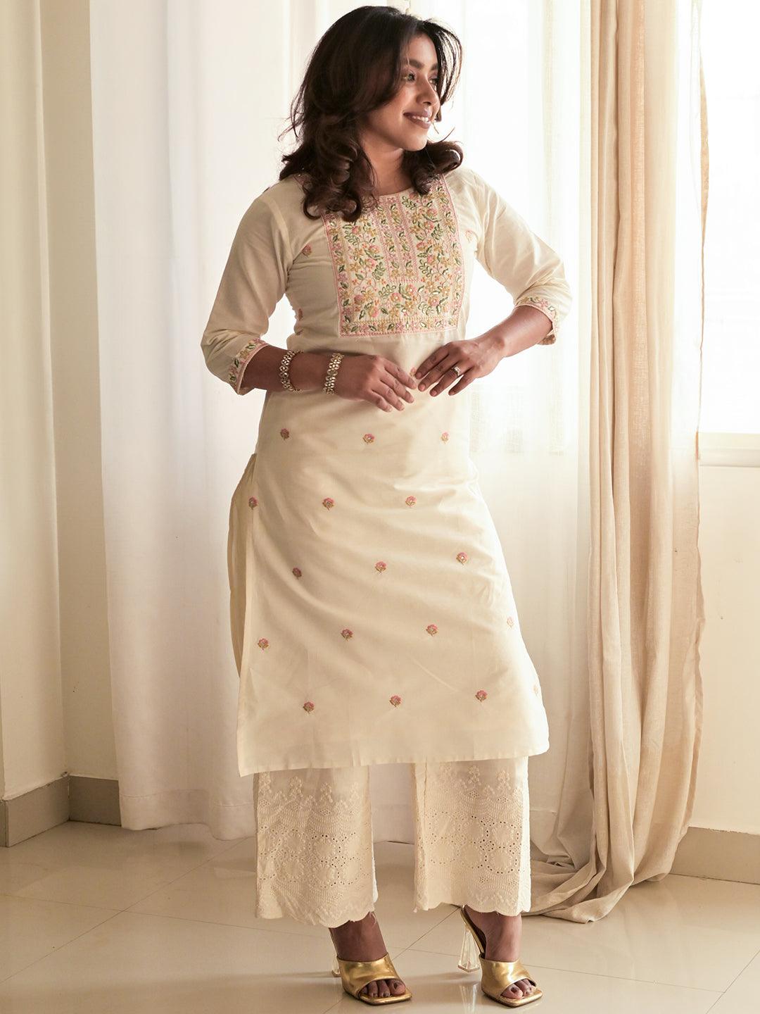 Off White Embroidered Cotton Straight Kurta - Jashvi