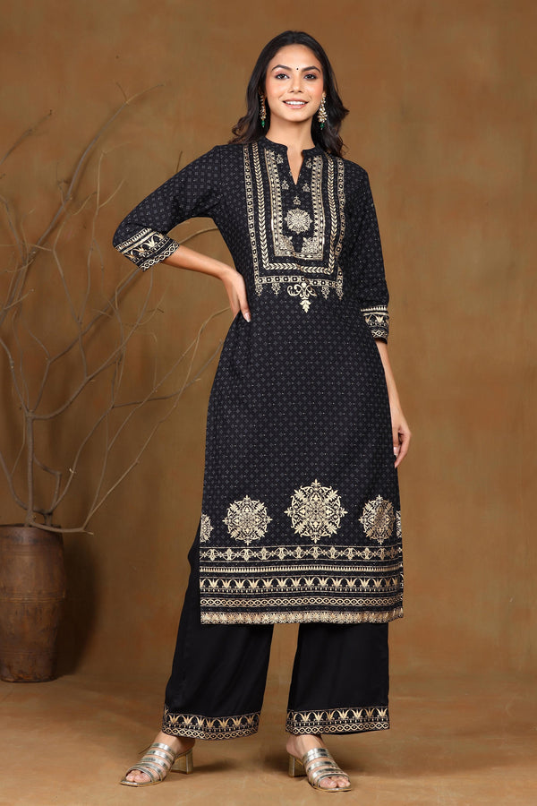 Black Rayon Gold Foil Print Straight Kurta