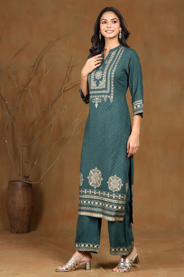 Women's Green Rayon Printed Straight Kurta Sets - Juniper