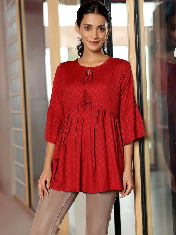 Red Woven Design Rayon A-Line Kurti