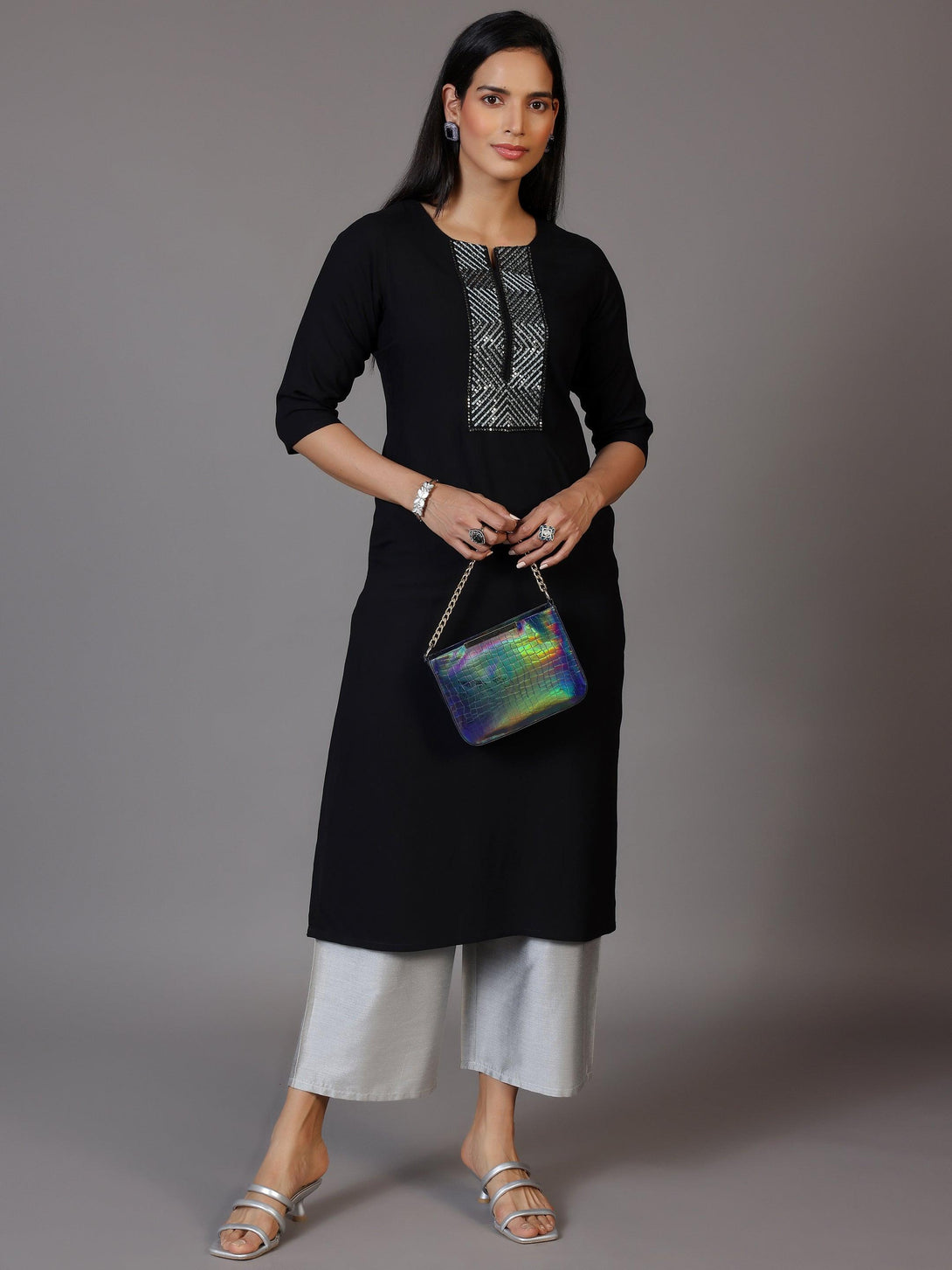 Black Embellished Rayon Straight Kurta - Jashvi