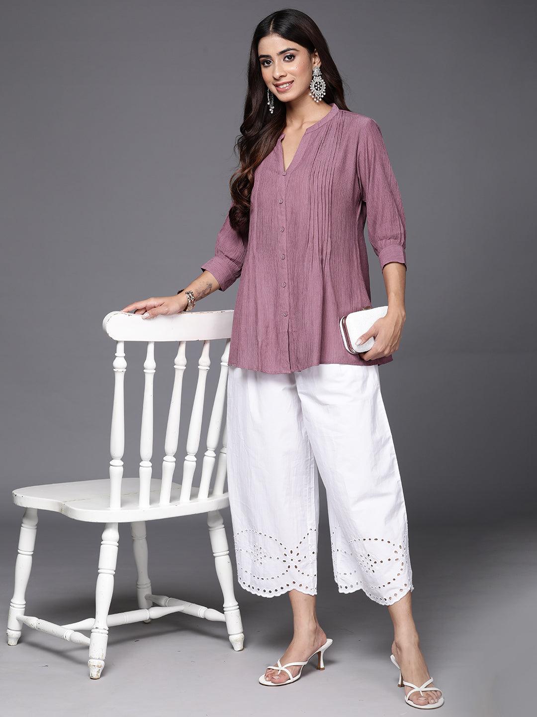 Mauve Solid Cotton Blend A-Line Kurti - Jashvi