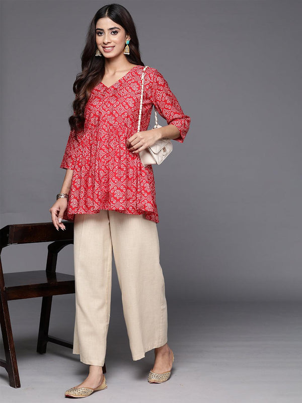 Red Printed Silk Blend A-Line Kurti - Jashvi