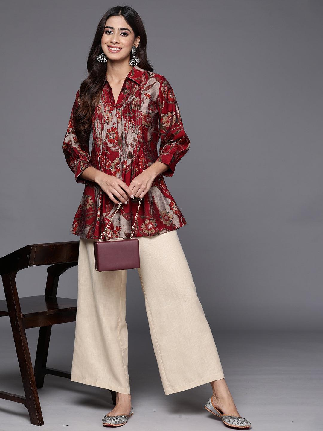 Maroon Printed Silk Blend A-Line Kurti - Jashvi