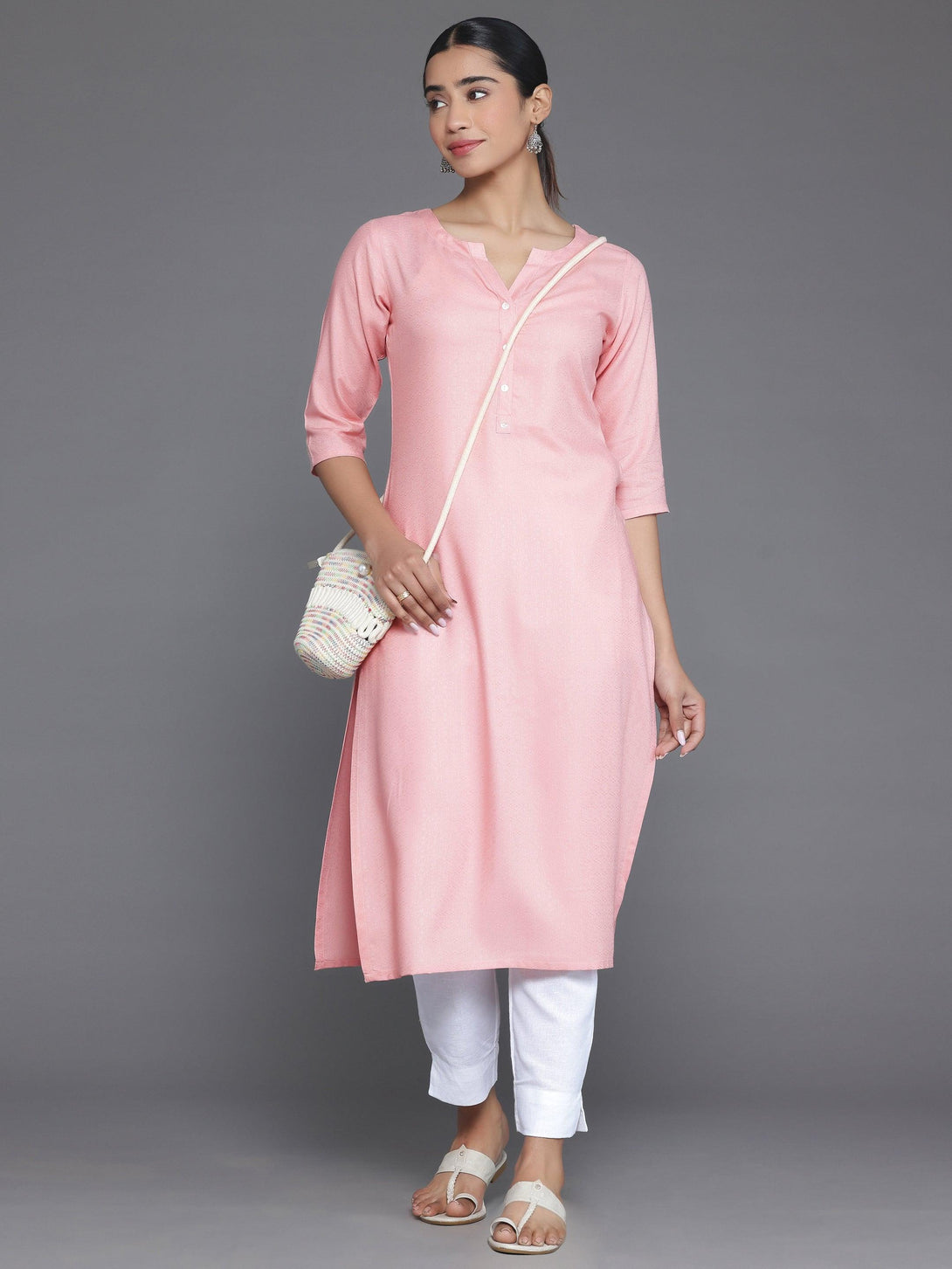 Pink Woven Design Rayon Straight Kurta - Jashvi