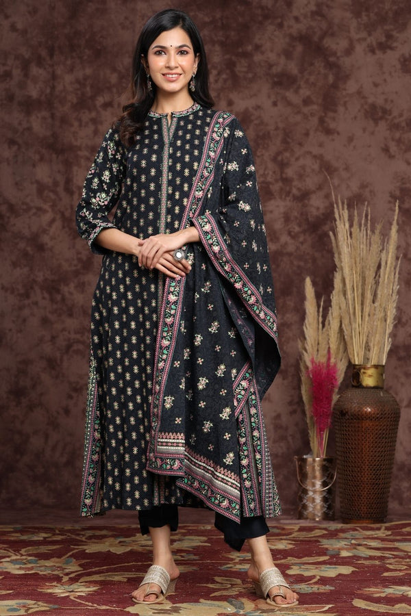 Women's Darkblue Rayon Printed A-Line Kurta Sets - Juniper