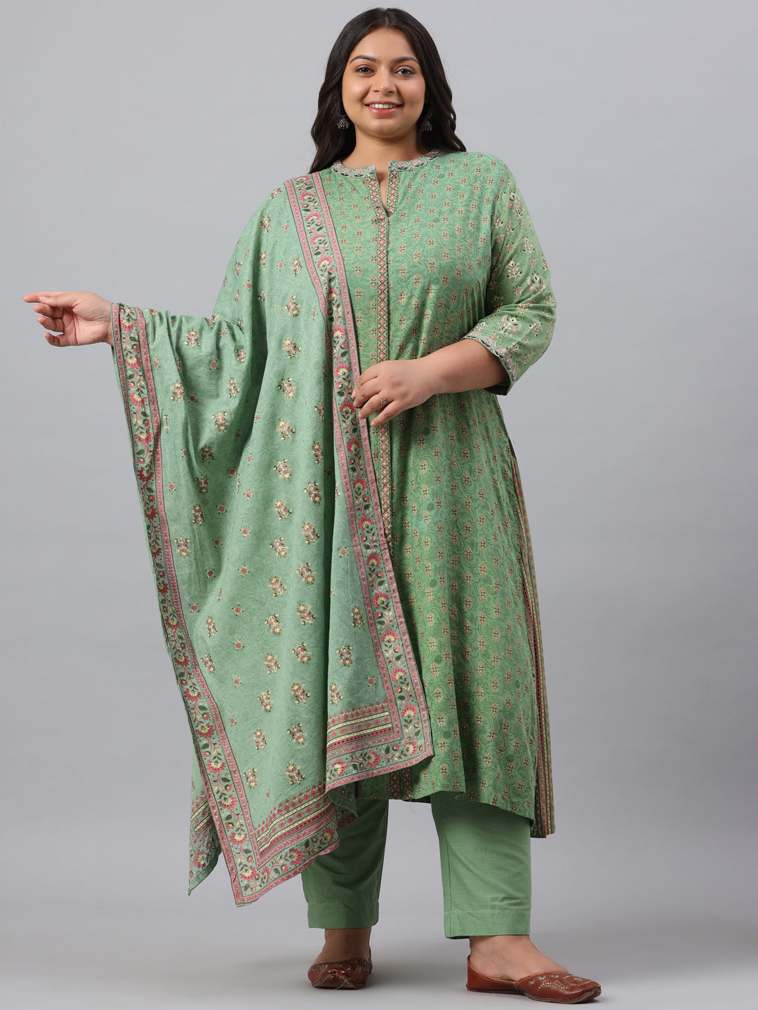 Women's Pista Green Rayon Daily Wear Printed A-Line Kurta Sets - Juniper