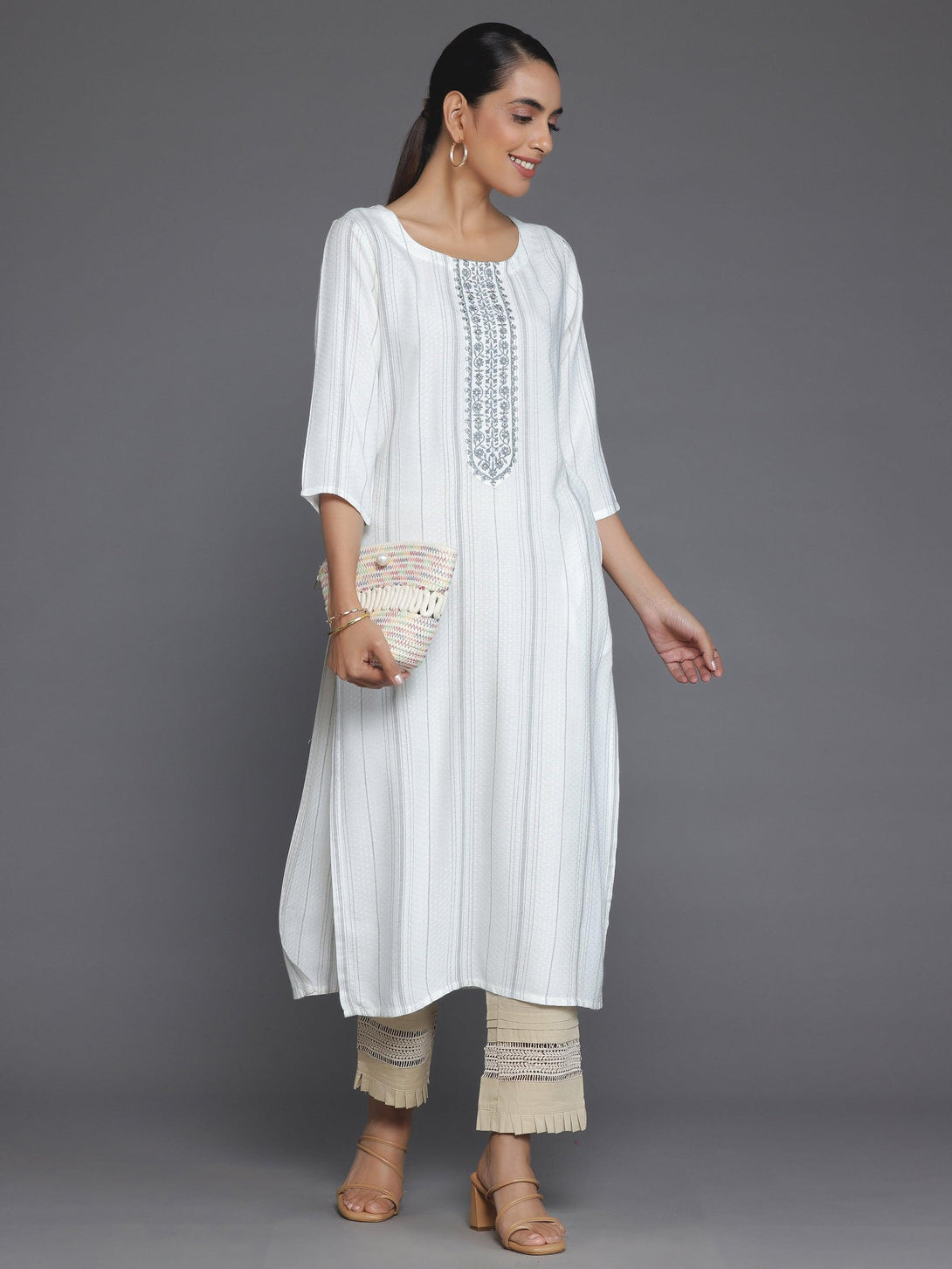 Cream Yoke Design Rayon Straight Kurta - Jashvi