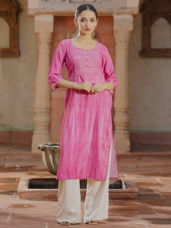 Pink Yoke Design Cotton Straight Kurta