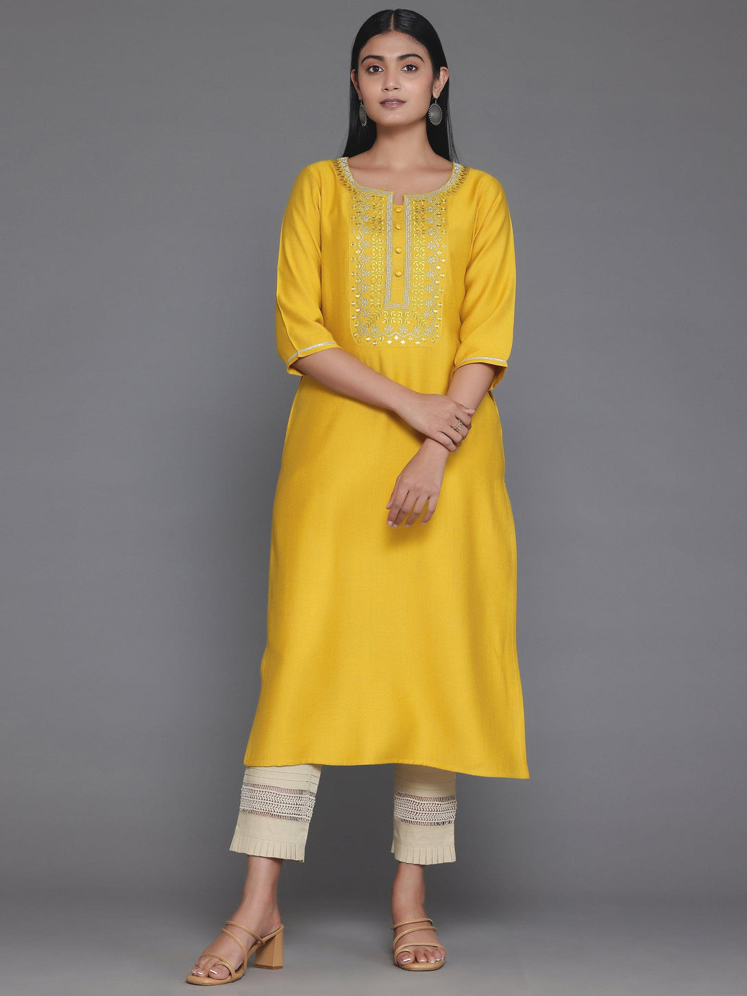 Yellow Yoke Design Silk Straight Kurta - Jashvi