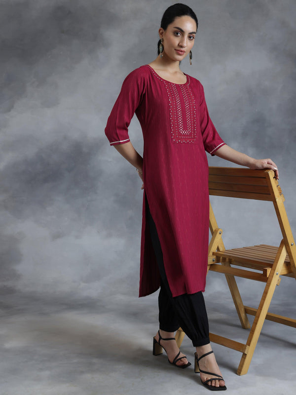 Maroon Yoke Design Rayon Straight Kurta - Jashvi