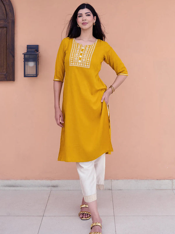 Yellow Yoke Design Rayon Straight Kurta