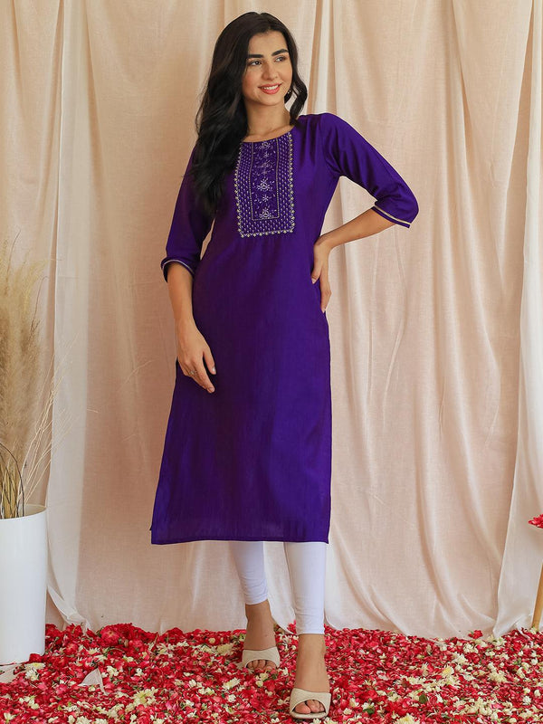 Purple Yoke Design Silk Straight Kurta