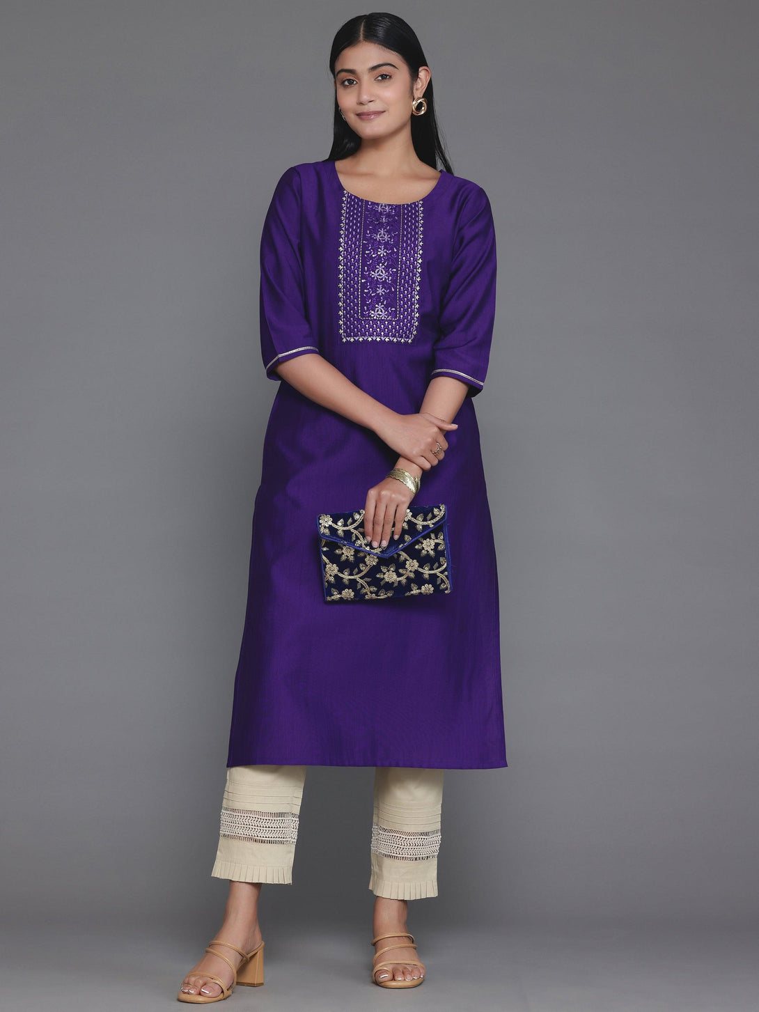 Purple Yoke Design Silk Straight Kurta - Jashvi