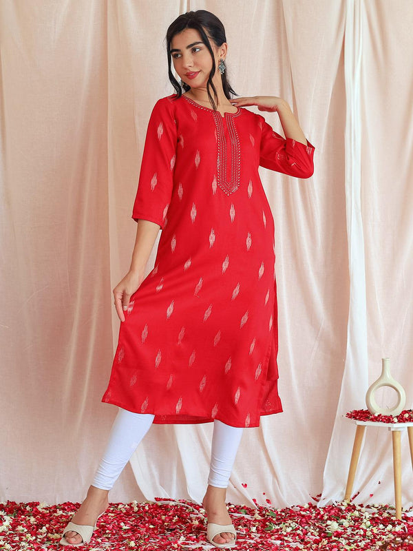 Pink Woven Design Rayon Straight Kurta