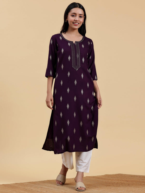 Purple Embroidered Rayon Straight Kurta - Jashvi