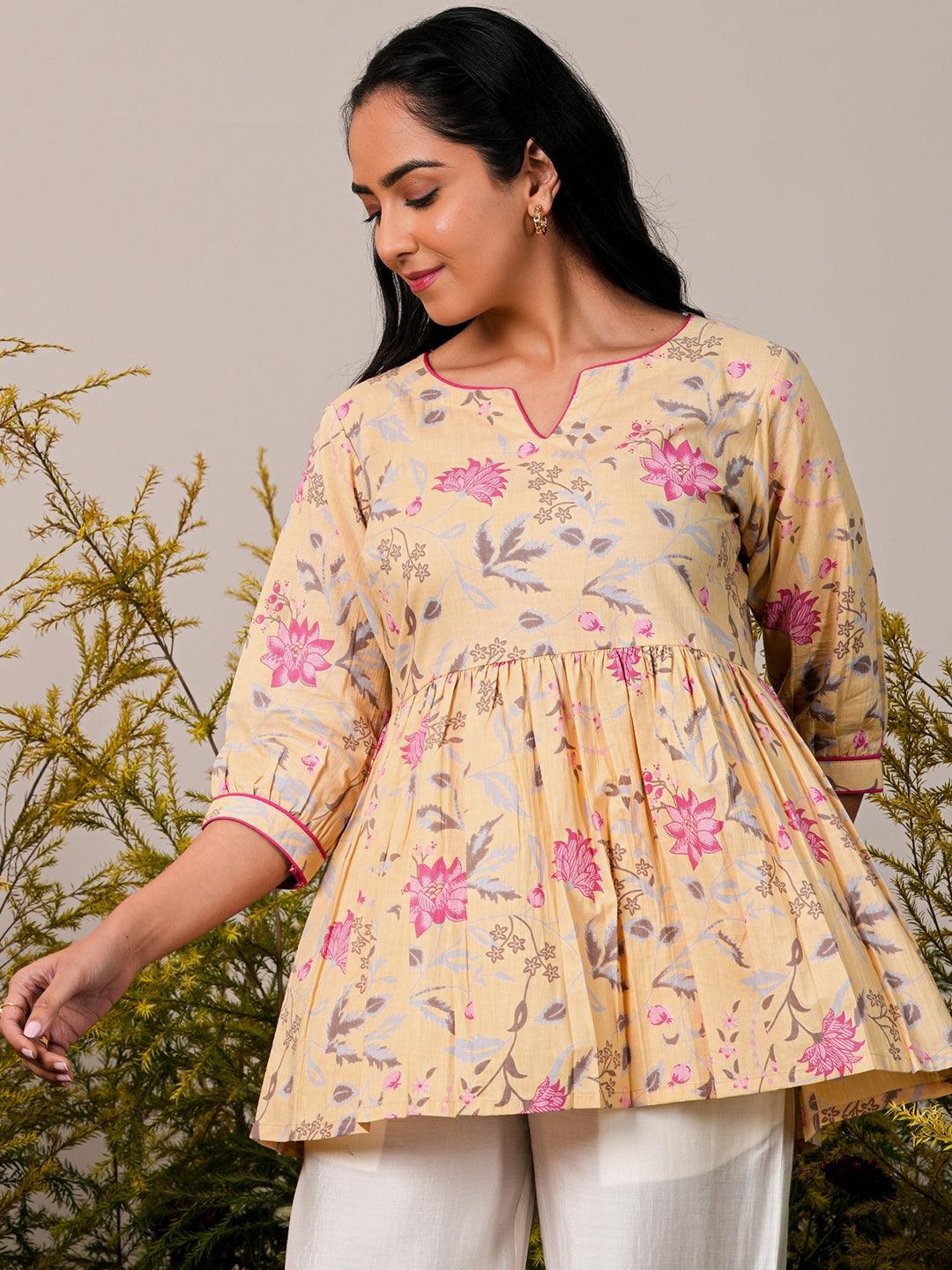 Yellow Printed Cotton A-Line Kurti - Jashvi