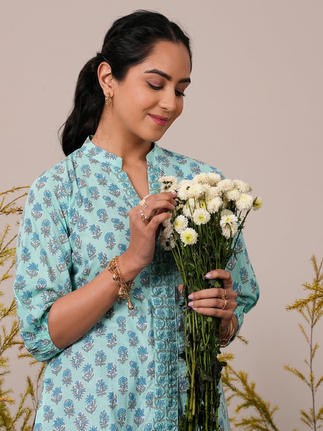 Blue Printed Cotton Straight Kurti - Jashvi